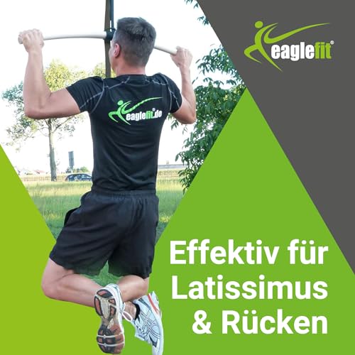 eaglefit - Premium Klimmzugstange aus Holz 100 cm - Ergonomisch gebogene Pull Up Bar für Decke, Garten & Baum - Reckstange Outdoor & Indoor für Klimmzüge - Verstellbar zum Aufhängen inkl. Zubehör