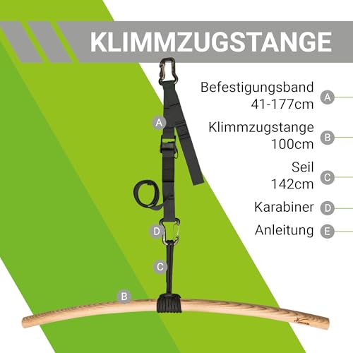 eaglefit - Premium Klimmzugstange aus Holz 100 cm - Ergonomisch gebogene Pull Up Bar für Decke, Garten & Baum - Reckstange Outdoor & Indoor für Klimmzüge - Verstellbar zum Aufhängen inkl. Zubehör
