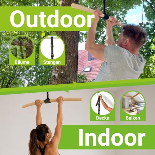 eaglefit - Premium Klimmzugstange aus Holz 100 cm - Ergonomisch gebogene Pull Up Bar für Decke, Garten & Baum - Reckstange Outdoor & Indoor für Klimmzüge - Verstellbar zum Aufhängen inkl. Zubehör