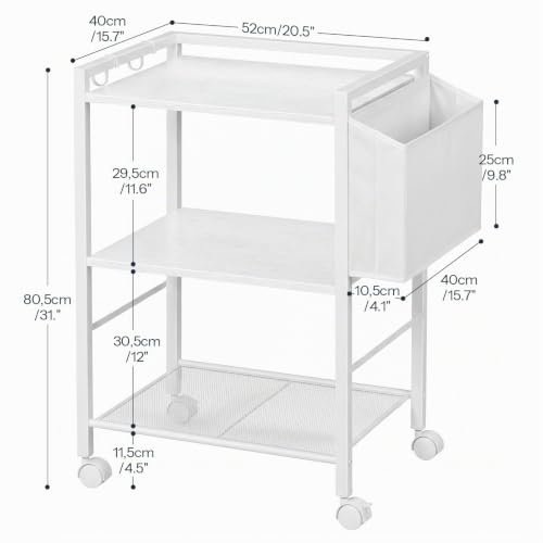 HOOBRO Druckertisch, Druckerständer mit Rollen, 3 Ebenen Druckerwagen, mit Verstellbaren Ablagen und Dokumentenkorb, 52 x 40 x 80,5 cm, für Büro und Zuhause, Weiß