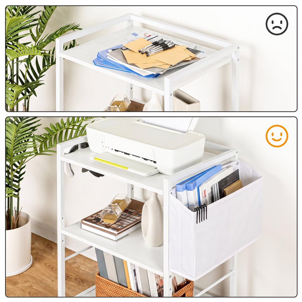 HOOBRO Druckertisch, Druckerständer mit Rollen, 3 Ebenen Druckerwagen, mit Verstellbaren Ablagen und Dokumentenkorb, 52 x 40 x 80,5 cm, für Büro und Zuhause, Weiß