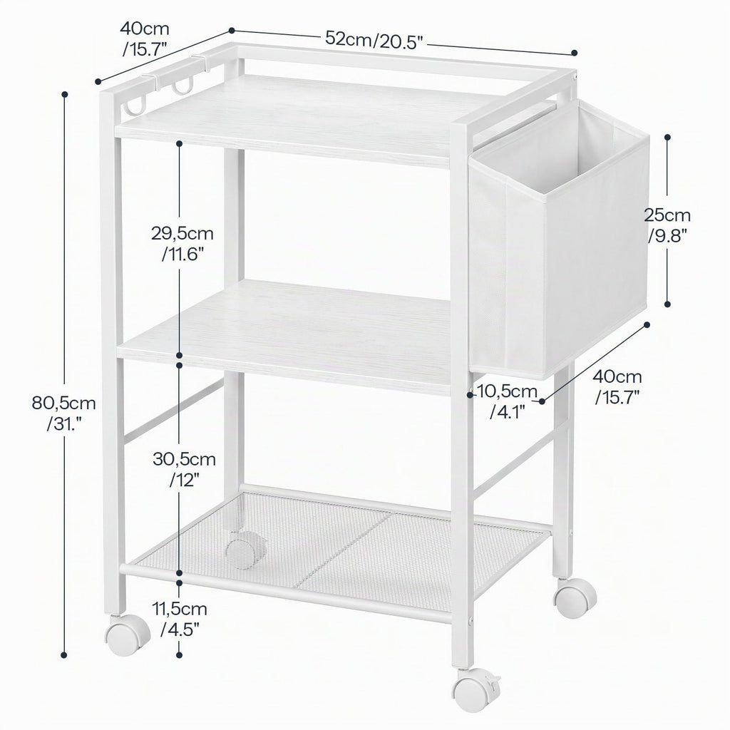 HOOBRO Druckertisch, Druckerständer mit Rollen, 3 Ebenen Druckerwagen, mit Verstellbaren Ablagen und Dokumentenkorb, 52 x 40 x 80,5 cm, für Büro und Zuhause, Weiß
