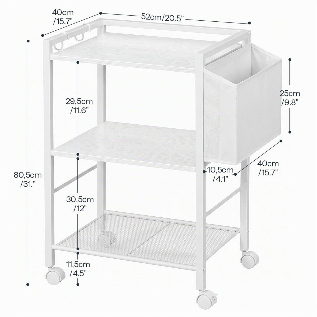 HOOBRO Druckertisch, Druckerständer mit Rollen, 3 Ebenen Druckerwagen, mit Verstellbaren Ablagen und Dokumentenkorb, 52 x 40 x 80,5 cm, für Büro und Zuhause, Weiß
