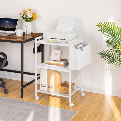 HOOBRO Druckertisch, Druckerständer mit Rollen, 3 Ebenen Druckerwagen, mit Verstellbaren Ablagen und Dokumentenkorb, 52 x 40 x 80,5 cm, für Büro und Zuhause, Weiß