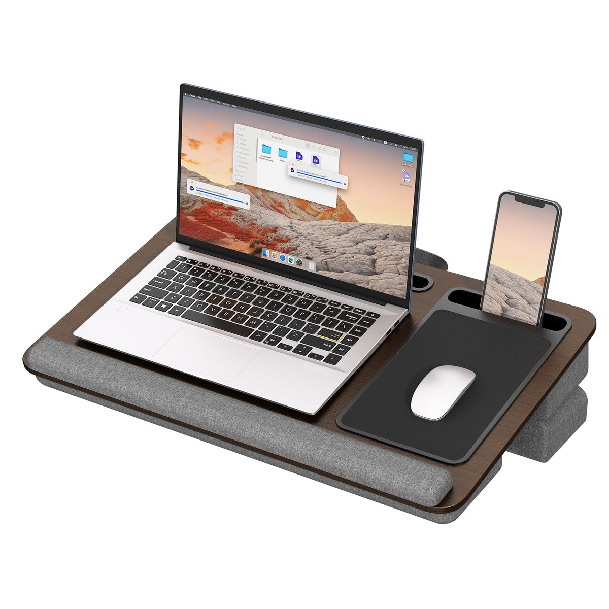 PUTORSEN Laptopkissen für Bett mit Kissen, Laptop Ständer Mausunterlage Passen bis zu 17,3 Zoll Notebook, Höhenverstellbar Lapdesk mit Tablet und Telefon Rille für Lernen, Braun