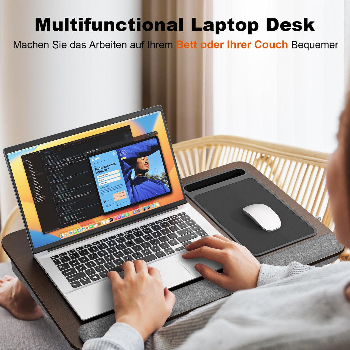 PUTORSEN Laptopkissen für Bett mit Kissen, Laptop Ständer Mausunterlage Passen bis zu 17,3 Zoll Notebook, Höhenverstellbar Lapdesk mit Tablet und Telefon Rille für Lernen, Braun