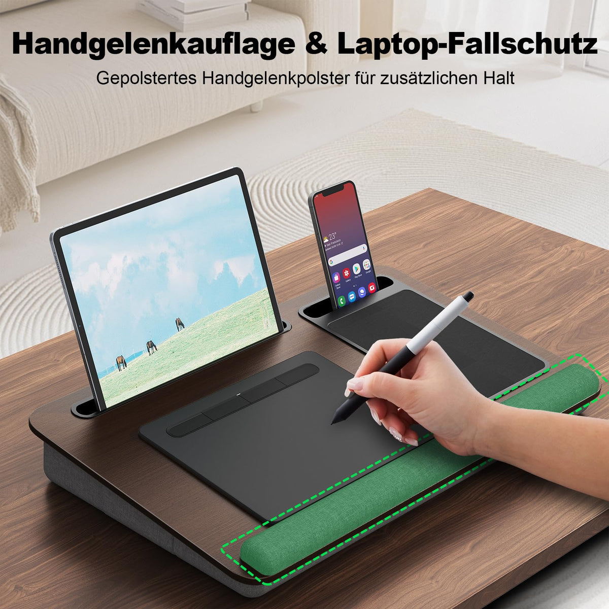 PUTORSEN Laptopkissen für Bett mit Kissen, Laptop Ständer Mausunterlage Passen bis zu 17,3 Zoll Notebook, Höhenverstellbar Lapdesk mit Tablet und Telefon Rille für Lernen, Braun