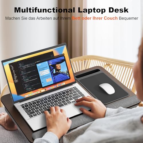 PUTORSEN Laptopkissen für Bett mit Kissen, Laptop Ständer Mausunterlage Passen bis zu 17,3 Zoll Notebook, Höhenverstellbar Lapdesk mit Tablet und Telefon Rille für Lernen, Braun