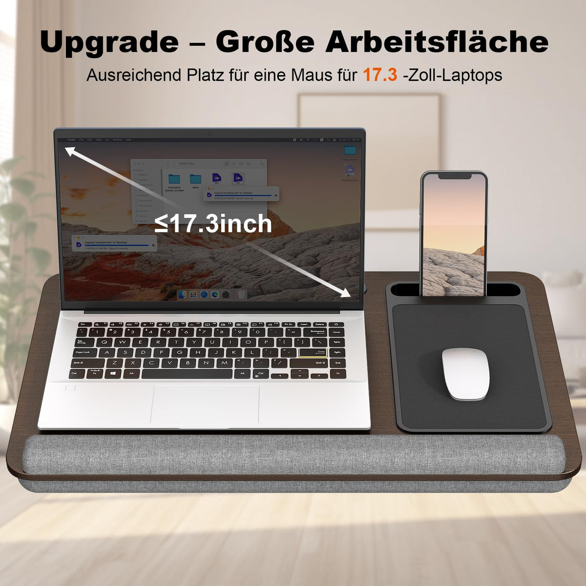 PUTORSEN Laptopkissen für Bett mit Kissen, Laptop Ständer Mausunterlage Passen bis zu 17,3 Zoll Notebook, Höhenverstellbar Lapdesk mit Tablet und Telefon Rille für Lernen, Braun