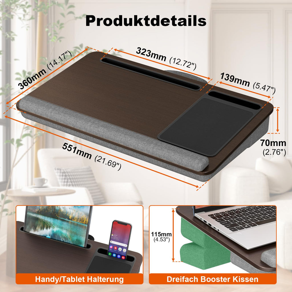 PUTORSEN Laptopkissen für Bett mit Kissen, Laptop Ständer Mausunterlage Passen bis zu 17,3 Zoll Notebook, Höhenverstellbar Lapdesk mit Tablet und Telefon Rille für Lernen, Braun
