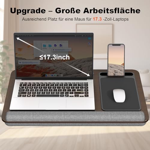 PUTORSEN Laptopkissen für Bett mit Kissen, Laptop Ständer Mausunterlage Passen bis zu 17,3 Zoll Notebook, Höhenverstellbar Lapdesk mit Tablet und Telefon Rille für Lernen, Braun
