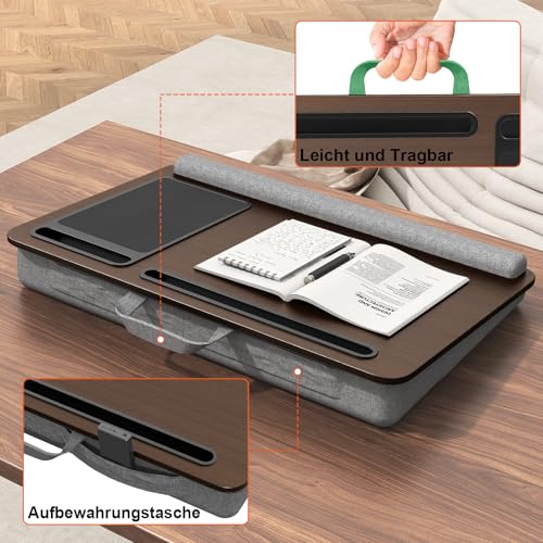 PUTORSEN Laptopkissen für Bett mit Kissen, Laptop Ständer Mausunterlage Passen bis zu 17,3 Zoll Notebook, Höhenverstellbar Lapdesk mit Tablet und Telefon Rille für Lernen, Braun