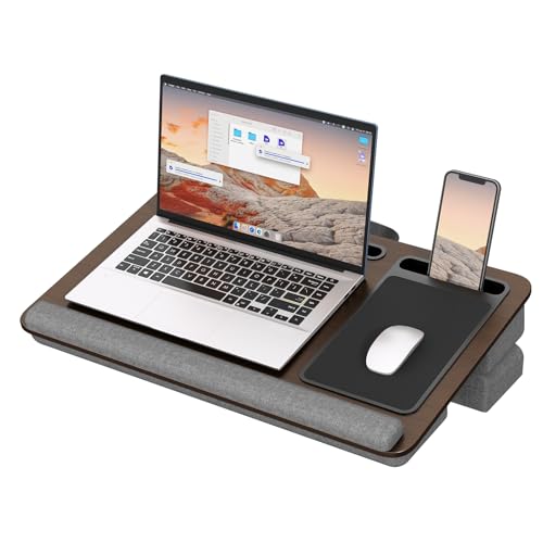 PUTORSEN Laptopkissen für Bett mit Kissen, Laptop Ständer Mausunterlage Passen bis zu 17,3 Zoll Notebook, Höhenverstellbar Lapdesk mit Tablet und Telefon Rille für Lernen, Braun
