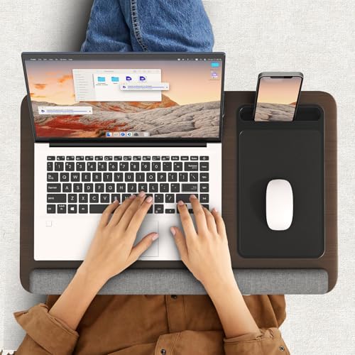 PUTORSEN Laptopkissen für Bett mit Kissen, Laptop Ständer Mausunterlage Passen bis zu 17,3 Zoll Notebook, Höhenverstellbar Lapdesk mit Tablet und Telefon Rille für Lernen, Braun
