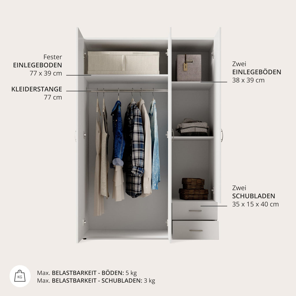 BASE Kleiderschrank Schrank Drehtürenschrank in Weiß 120 x 177 x 52 cm