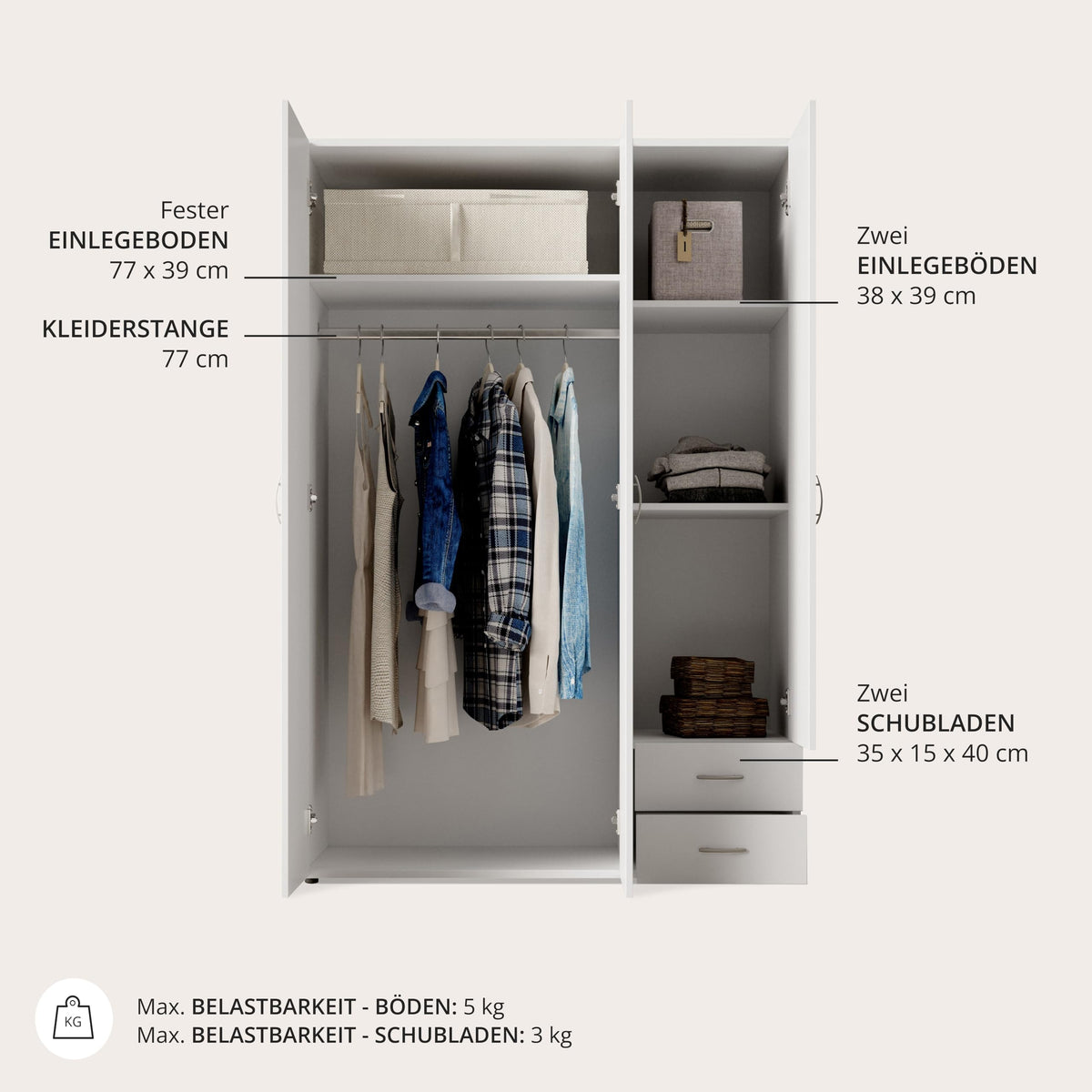 BASE Kleiderschrank Schrank Drehtürenschrank in Weiß 120 x 177 x 52 cm