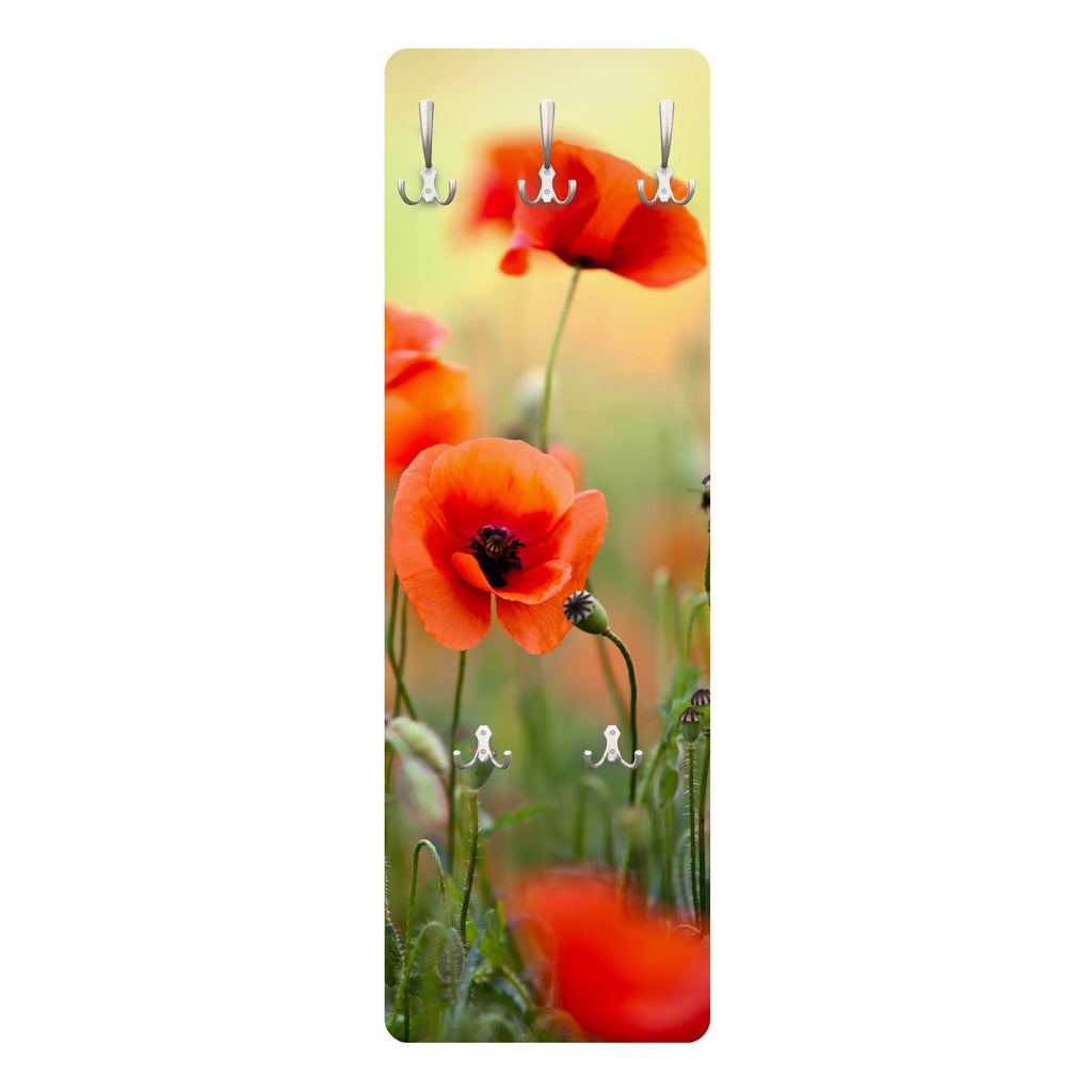 Bilderwelten Garderobe Blumen 105cm x 34cm Mohnblumen Natur 3D-Optik Garderobenhaken Garderobenpaneel Flurgarderobe Flur-Möbel Wandgarderobe Holz