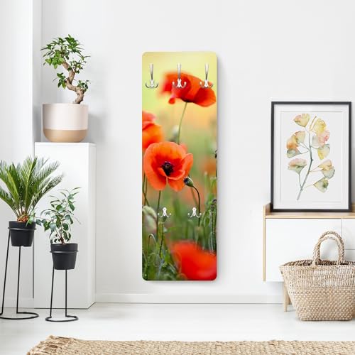 Bilderwelten Garderobe Blumen 105cm x 34cm Mohnblumen Natur 3D-Optik Garderobenhaken Garderobenpaneel Flurgarderobe Flur-Möbel Wandgarderobe Holz