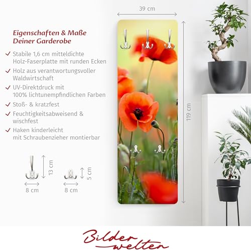Bilderwelten Garderobe Blumen 105cm x 34cm Mohnblumen Natur 3D-Optik Garderobenhaken Garderobenpaneel Flurgarderobe Flur-Möbel Wandgarderobe Holz