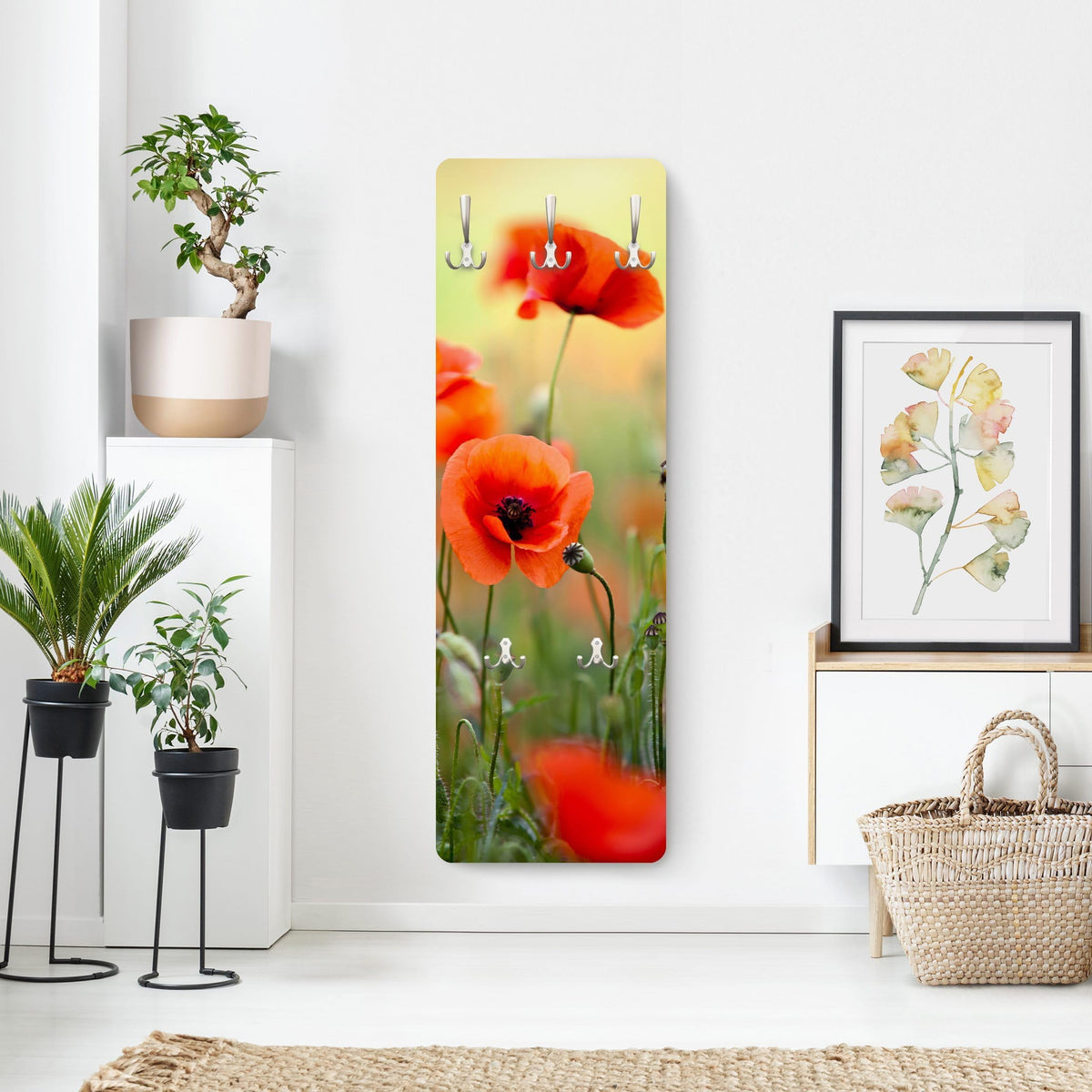 Bilderwelten Garderobe Blumen 105cm x 34cm Mohnblumen Natur 3D-Optik Garderobenhaken Garderobenpaneel Flurgarderobe Flur-Möbel Wandgarderobe Holz