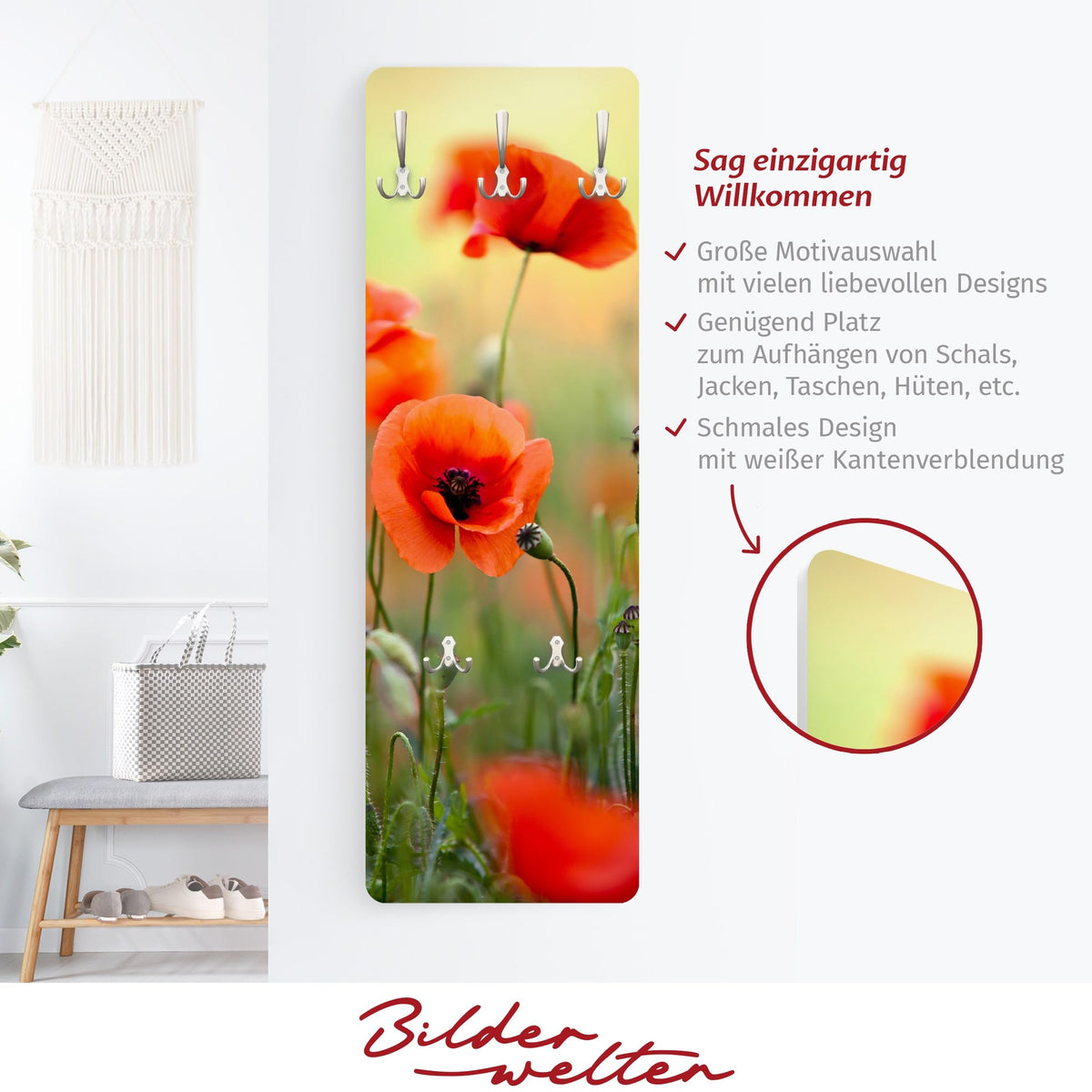 Bilderwelten Garderobe Blumen 105cm x 34cm Mohnblumen Natur 3D-Optik Garderobenhaken Garderobenpaneel Flurgarderobe Flur-Möbel Wandgarderobe Holz