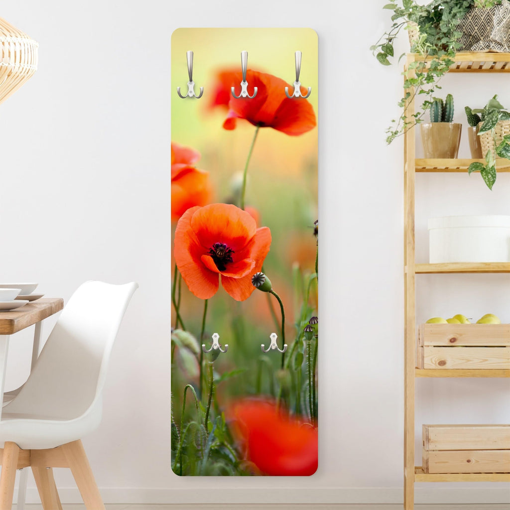 Bilderwelten Garderobe Blumen 105cm x 34cm Mohnblumen Natur 3D-Optik Garderobenhaken Garderobenpaneel Flurgarderobe Flur-Möbel Wandgarderobe Holz