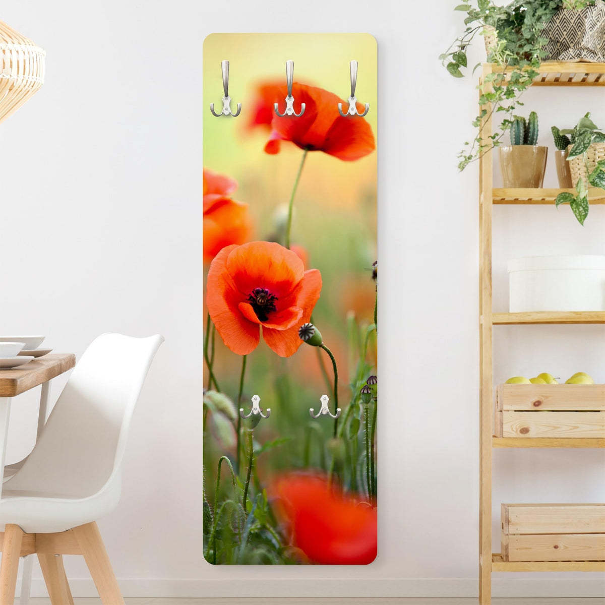 Bilderwelten Garderobe Blumen 105cm x 34cm Mohnblumen Natur 3D-Optik Garderobenhaken Garderobenpaneel Flurgarderobe Flur-Möbel Wandgarderobe Holz