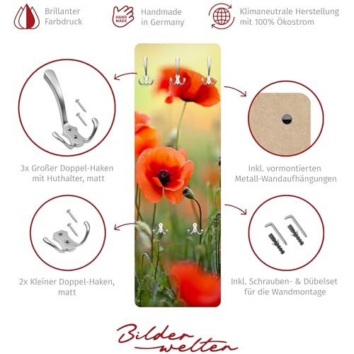 Bilderwelten Garderobe Blumen 105cm x 34cm Mohnblumen Natur 3D-Optik Garderobenhaken Garderobenpaneel Flurgarderobe Flur-Möbel Wandgarderobe Holz