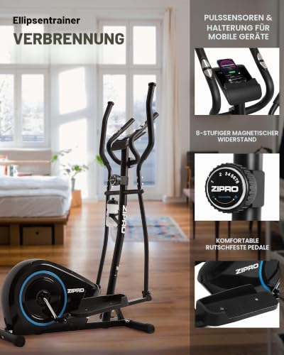 Zipro Crosstrainer Burn, Ellipsentrainer bis zu 120 kg, Crosstrainer für Zuhause, Cardio Trainingsgerät, Exercise Machines, Heimtrainer, 8 Widerstandsstufen