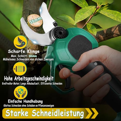 YRHome Elektrische Baumschere Astschere Akku Gartenschere 48V 3000mAh, 30mm Schnittdurchmesser, 2 Blades, 2 Wiederaufladbare Batterie Astschere Akku Rosenschere