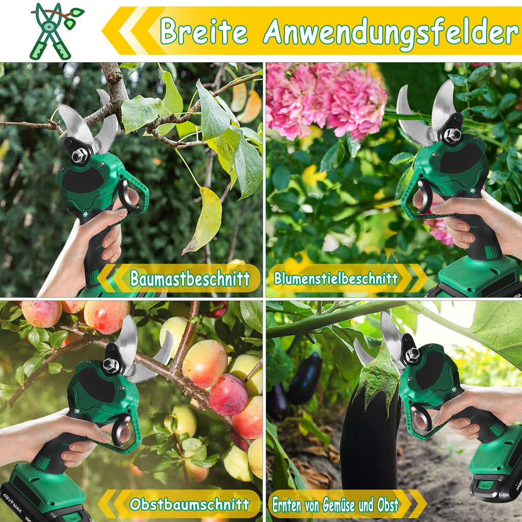YRHome Elektrische Baumschere Astschere Akku Gartenschere 48V 3000mAh, 30mm Schnittdurchmesser, 2 Blades, 2 Wiederaufladbare Batterie Astschere Akku Rosenschere