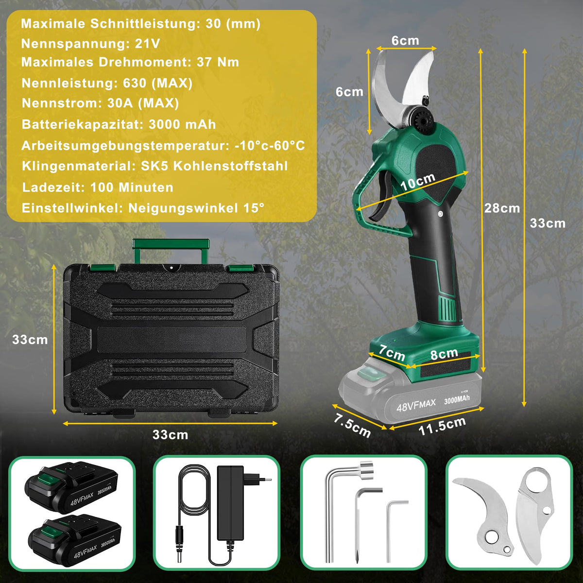 YRHome Elektrische Baumschere Astschere Akku Gartenschere 48V 3000mAh, 30mm Schnittdurchmesser, 2 Blades, 2 Wiederaufladbare Batterie Astschere Akku Rosenschere
