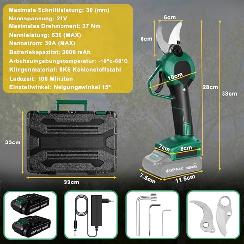 YRHome Elektrische Baumschere Astschere Akku Gartenschere 48V 3000mAh, 30mm Schnittdurchmesser, 2 Blades, 2 Wiederaufladbare Batterie Astschere Akku Rosenschere