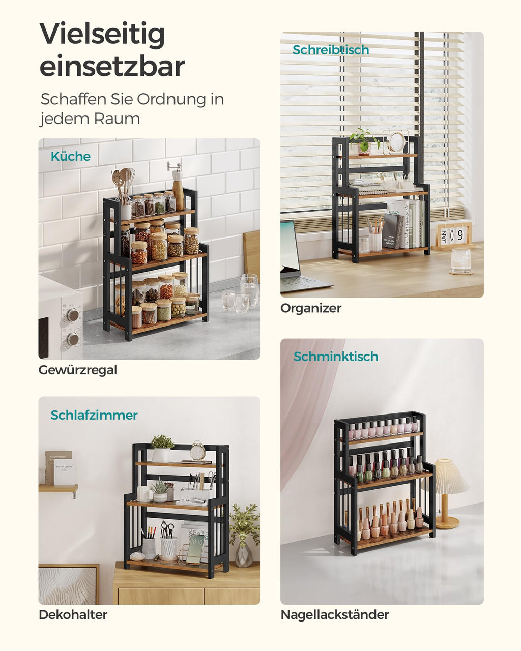 SONGMICS Gewürzregal mit 3 Ebenen, Küchenregal, MDF- und Bambusgestell