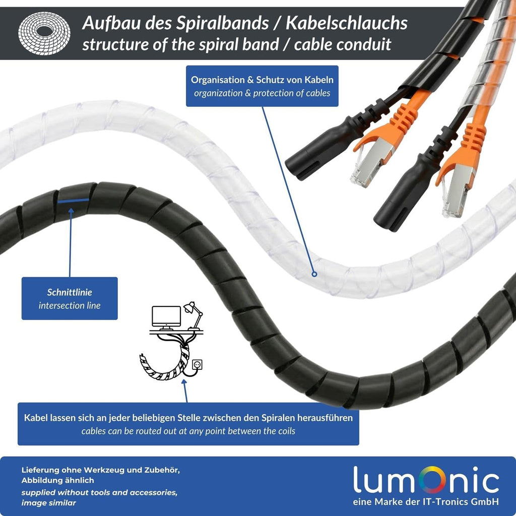 Lumonic Spiralkabelschlauch schwarz 5m I 12mm Spiralband für Kabel mit 9-65mm Durchmesser I Flexibler Kabelschlauch-Schutz für Private & industrielle Zwecke