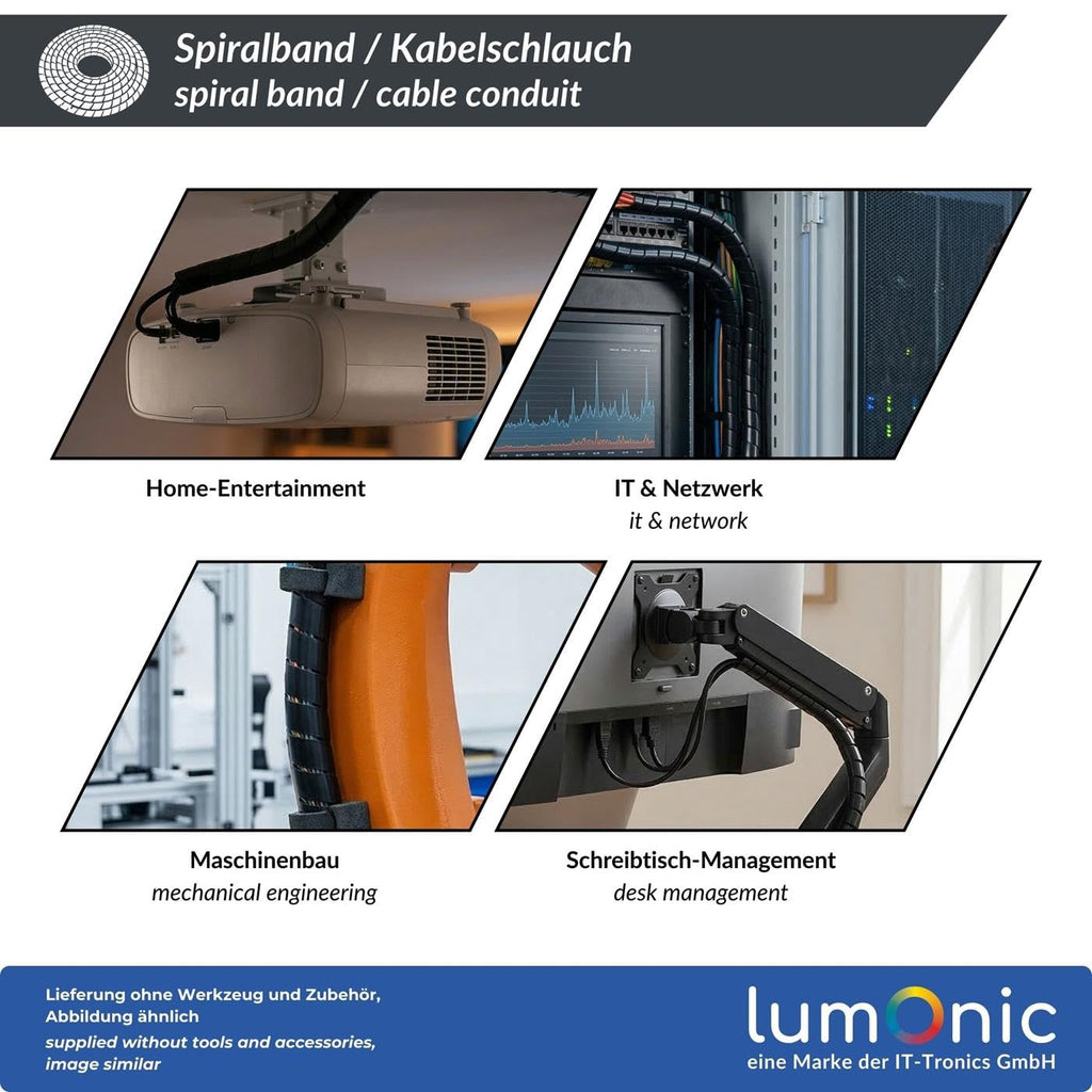 Lumonic Spiralkabelschlauch schwarz 5m I 12mm Spiralband für Kabel mit 9-65mm Durchmesser I Flexibler Kabelschlauch-Schutz für Private & industrielle Zwecke