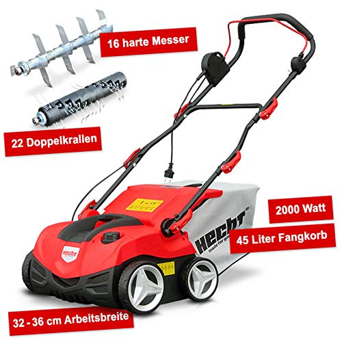HECHT Elektro-Vertikutierer 1999 Rasen-Lüfter (2000 W, inkl. 2 Walzen, 3-fach höhenverstellbar -10 bis +5 mm, 45 L Fangkorb)