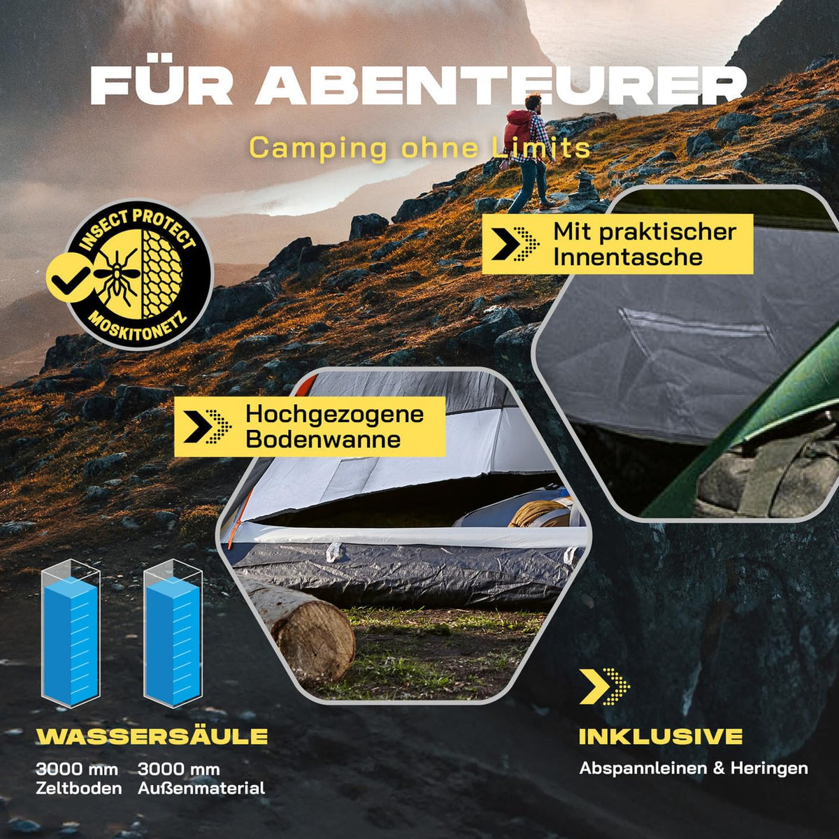 Lumaland Pop Up Camping Zelt | 2-3 Personen Kuppelzelt 215 x 195 x 120 cm| 4 Jahreszeiten Igluzelt | Outdoor Trekking & Festival Wurfzelt | Leicht, Wasserdicht & Robust | Aufbau simpel, schnell