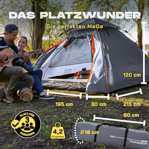 Lumaland Pop Up Camping Zelt | 2-3 Personen Kuppelzelt 215 x 195 x 120 cm| 4 Jahreszeiten Igluzelt | Outdoor Trekking & Festival Wurfzelt | Leicht, Wasserdicht & Robust | Aufbau simpel, schnell