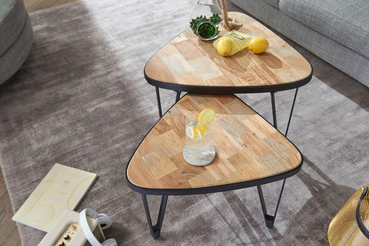 FineBuy Couchtisch 2er Set 60x60x45 cm Massivholz Dreieckig, Satztisch