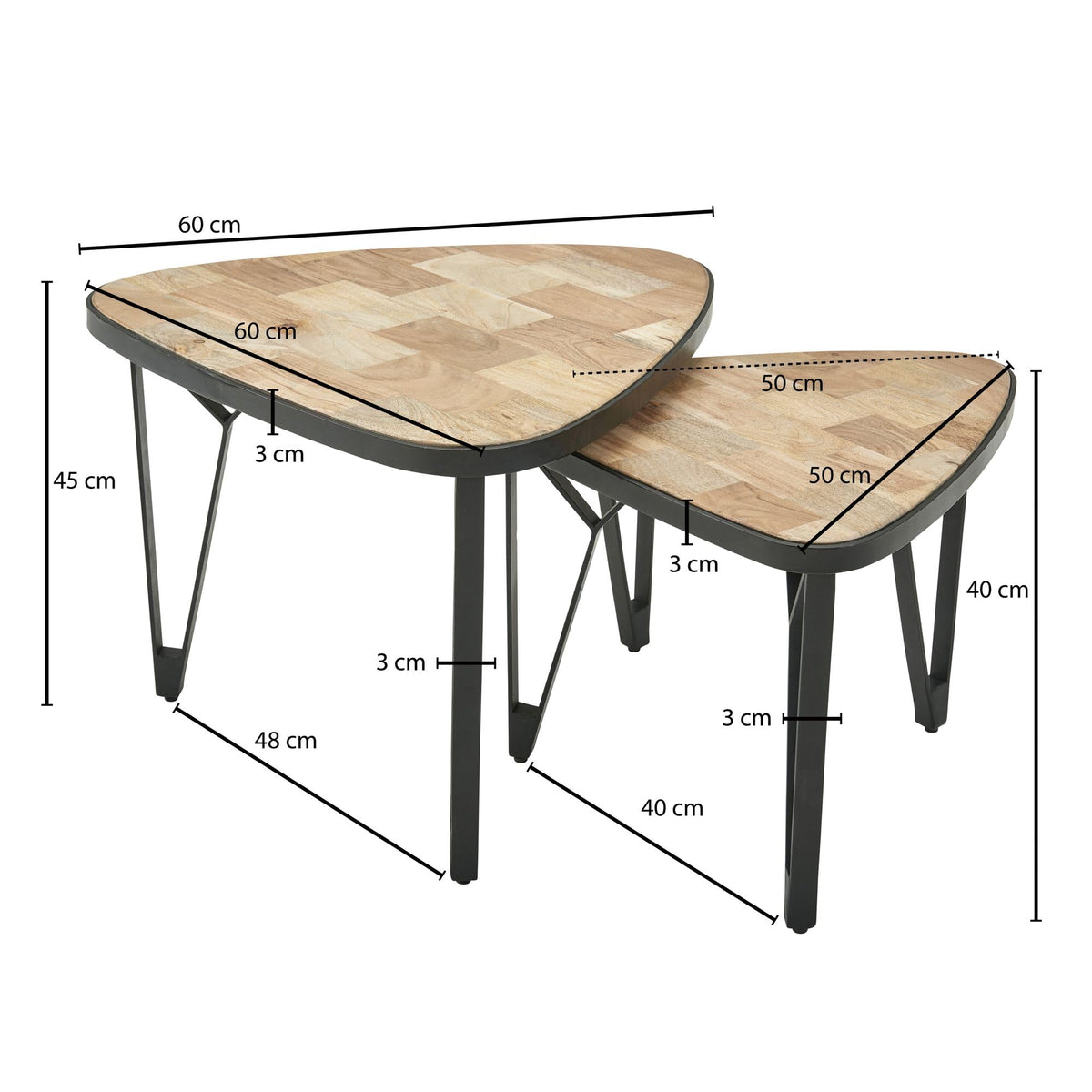 FineBuy Couchtisch 2er Set 60x60x45 cm Massivholz Dreieckig, Satztisch
