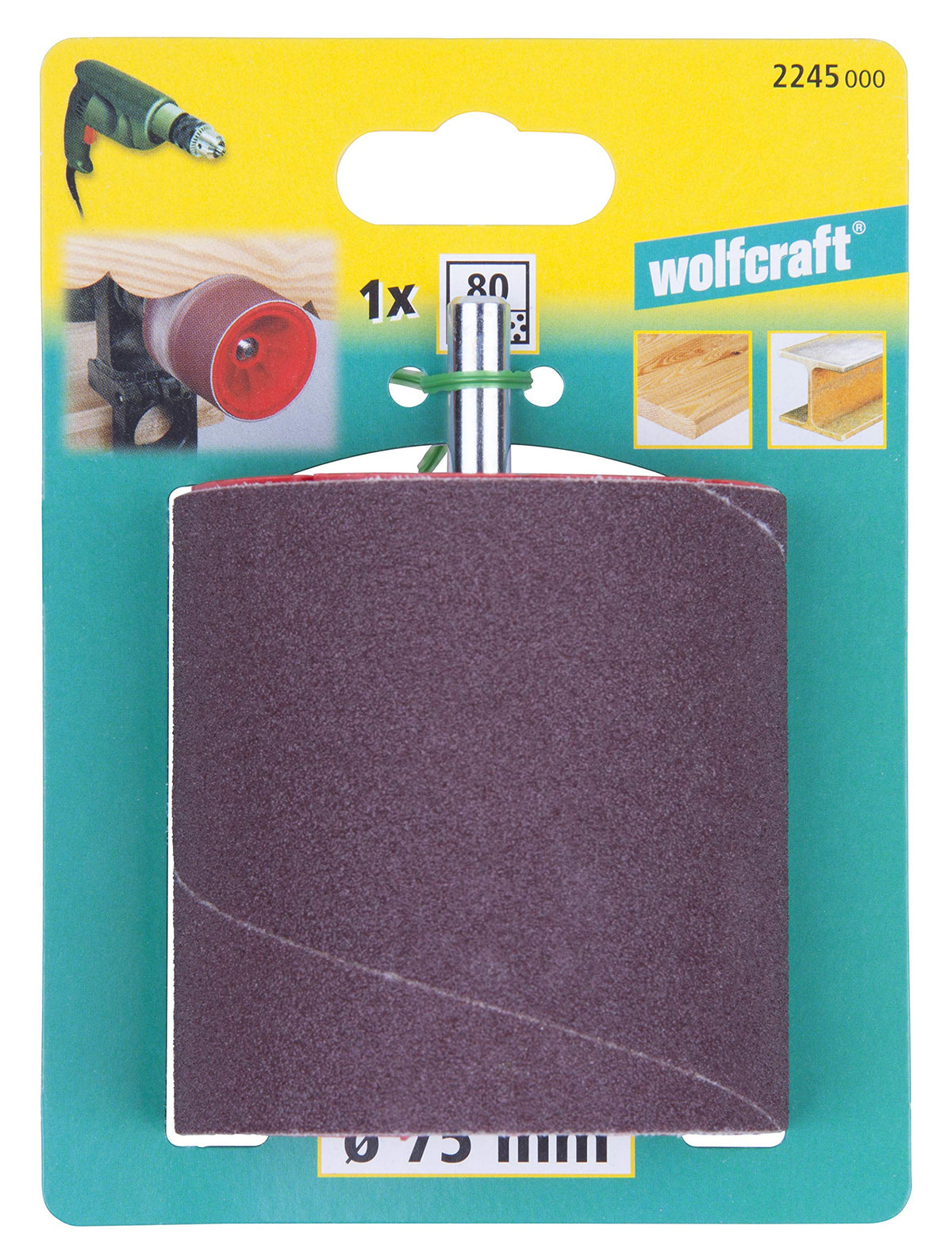 wolfcraft Schleifwalze mit Schleifband - 2245000 - Rundschaft 8 mm - Ø 75 x 80 inkl. Schleifband Korn 80 - Made in Europe - Holz, Metall, Kunststoff
