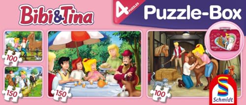 Schmidt Spiele 56509 Bibi und Tina, 4 Kinderpuzzle im Metallkoffer, 2x100 und 2x150 Teile