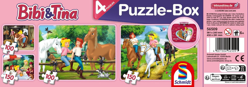 Schmidt Spiele 56509 Bibi und Tina, 4 Kinderpuzzle im Metallkoffer, 2x100 und 2x150 Teile