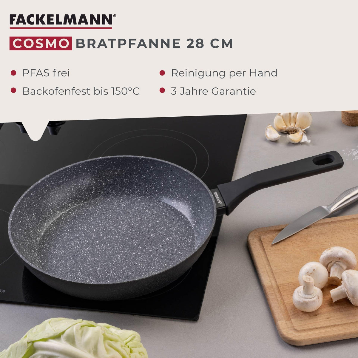 Fackelmann Bratpfanne Cosmo – Ø 28 cm aus gepresstem Aluminium, PFAS-freie Excilon Ceramic Beschichtung, Soft-Touch Griff, Reinigung per Hand