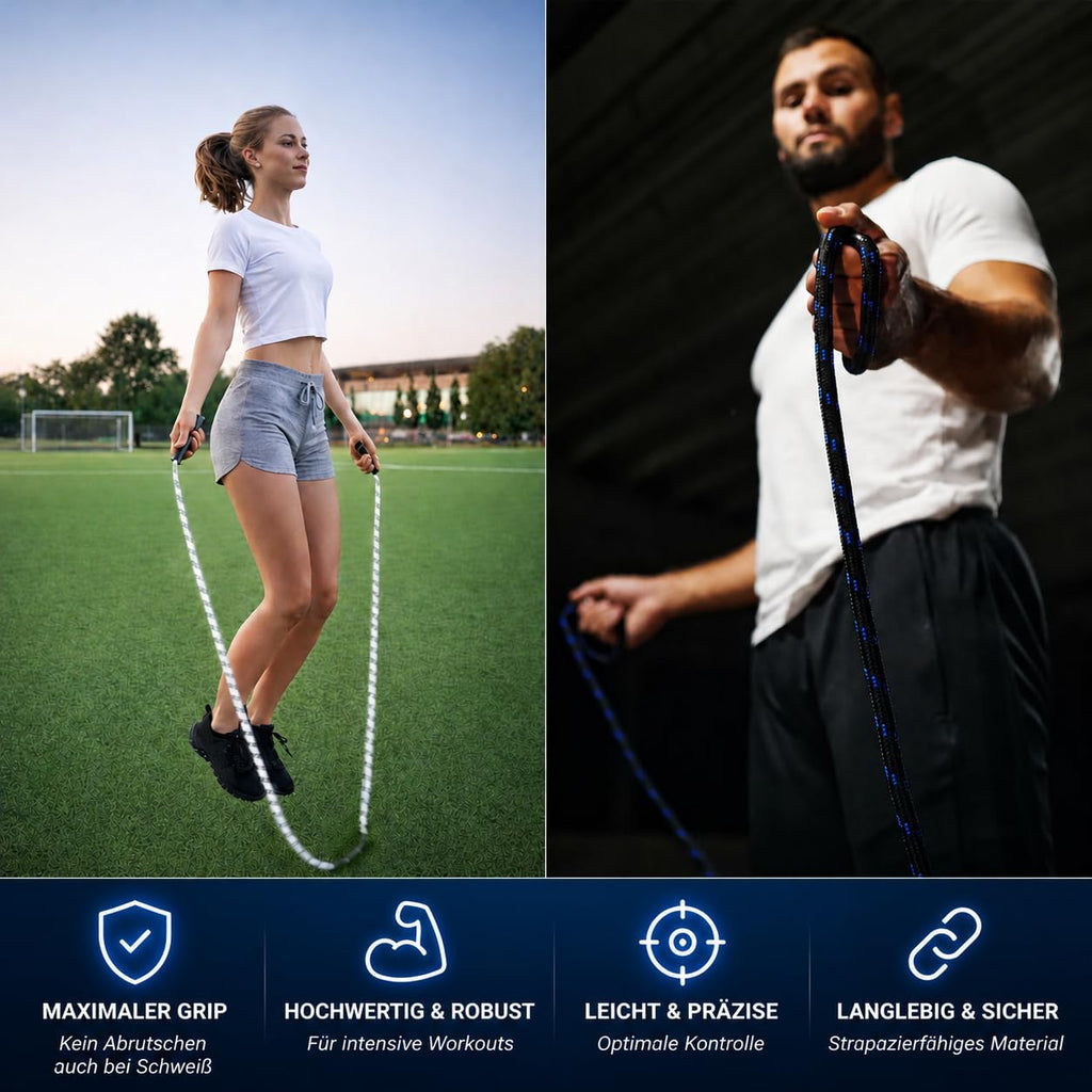 Springseil I 3 Meter Fatburner Speed Jumping Rope I Erwachsenen Profi Skipping Seil I Ideal zum Boxen, Ausdauer Sport, MMA, HIIT in Schwarz, Blau und Weiß