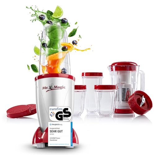 GOURMETmaxx Mr. Magic Mixer | Smoothie Maker mit XXL-Zubehörpaket | Standmixer 18-tlg. | Blender mit auslaufsicheren Frischhaltedeckeln | Food Processor für Shakes, Smoothies etc.