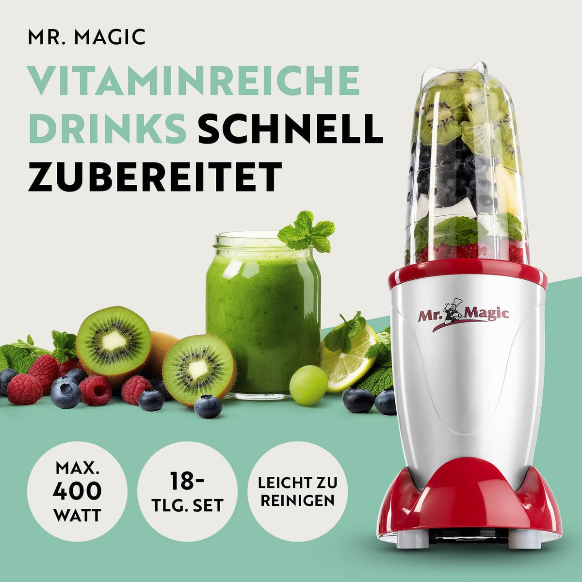 GOURMETmaxx Mr. Magic Mixer | Smoothie Maker mit XXL-Zubehörpaket | Standmixer 18-tlg. | Blender mit auslaufsicheren Frischhaltedeckeln | Food Processor für Shakes, Smoothies etc.
