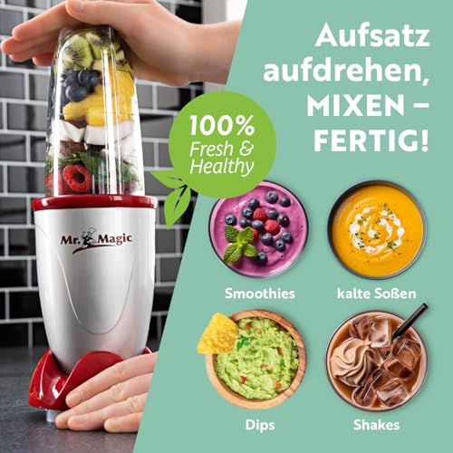 GOURMETmaxx Mr. Magic Mixer | Smoothie Maker mit XXL-Zubehörpaket | Standmixer 18-tlg. | Blender mit auslaufsicheren Frischhaltedeckeln | Food Processor für Shakes, Smoothies etc.
