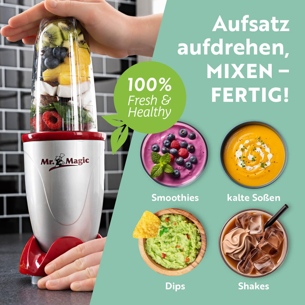 GOURMETmaxx Mr. Magic Mixer | Smoothie Maker mit XXL-Zubehörpaket | Standmixer 18-tlg. | Blender mit auslaufsicheren Frischhaltedeckeln | Food Processor für Shakes, Smoothies etc.